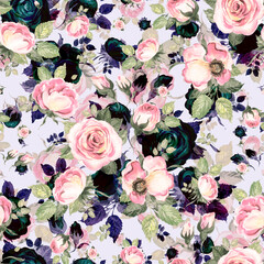  Abstract seamless lovely pattern drawn blooming roses with foliage