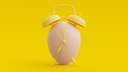 Egg that looks like an alarm clock on yellow background. Minimal idea concept, 3d Render.