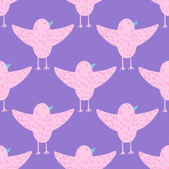 Decorative seamless pattern with pink hand drawn flying birds silhouettes. Purple background.