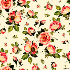  Abstract seamless lovely pattern drawn blooming roses with foliage
