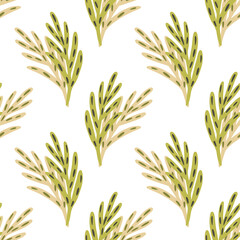 Isolated seamless pattern with hand drawn green and pink colored leaf twigs silhouettes. White background.