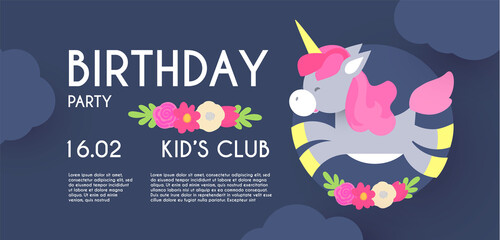 Kid birthday flyer template. Cute Unicorn with clouds and flowers