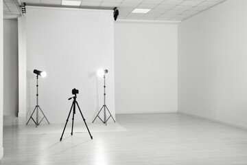 Photo studio interior with set of professional equipment