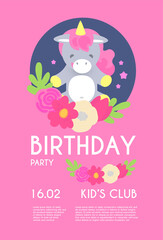 Kid birthday flyer template. Cute Unicorn with clouds and flowers