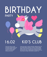 Kid birthday flyer template. Cute Unicorn with clouds and flowers