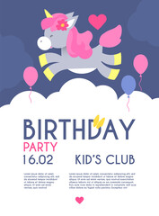 Kid birthday flyer template. Cute Unicorn with clouds and flowers