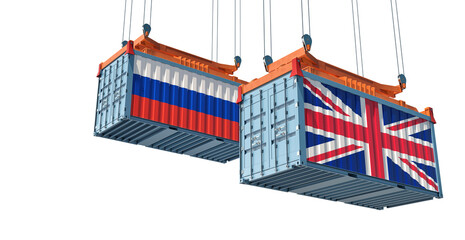 Freight containers with Russia and United Kingdom flag. 3D Rendering 