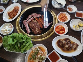 Korea BBQ Grilled Dishes.korean style pork bbq, samgyupsal.
