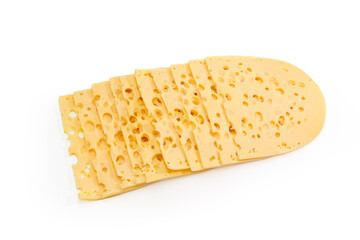 Thin slices of Swiss cheese on a white background