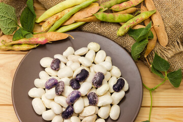 White and purple kidney beans on dish, pods, close-up