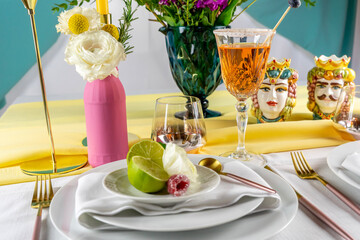 Spring table set for a party. Mise en place '