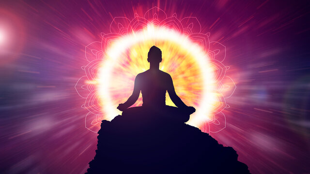 Power of meditation. Energy burst of chakra. Mindfulness power of awakening and self awerness. Great light of mental power.