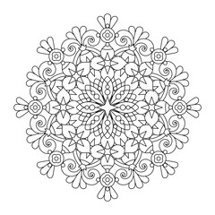 Abstract mandala, centerpiece or whimsical snowflake line art design or coloring page
