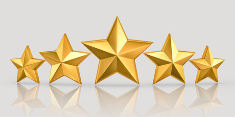 Gold five star quality rating with reflection isolated on gray. Clipping path included