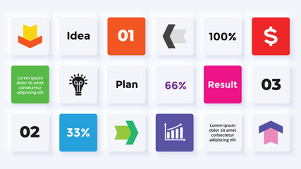 Neumorphic Vector Infographic. Presentation slide template. Data visualization. Scheme with processes. Business structure.
