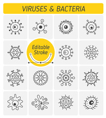 The Bacteria and Viruses outline vector icon set. The microbiology, protection of human organism, pandemic,  illness and sickness outline icons. Thin linear vector symbols with editable strokes width