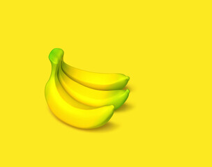 Three bananas isolated on yellow background. Clipping path included
