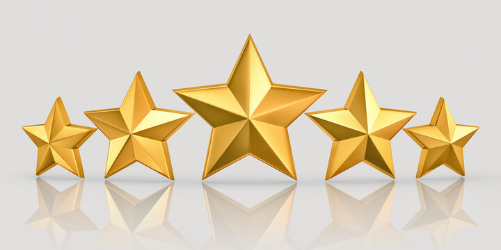 Gold Five Star Quality Rating With Reflection Isolated On Gray. Clipping Path Included