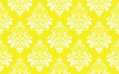Wallpaper in the style of Baroque. Seamless vector background. White and yellow floral ornament. Graphic pattern for fabric, wallpaper, packaging. Ornate Damask flower ornament