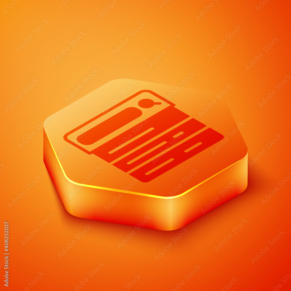 Poster isometric search engine icon isolated on orange background. orange hexagon button. vector.