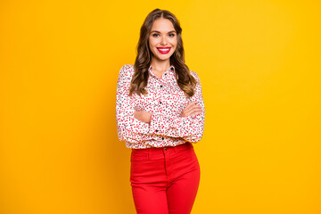 Portrait of charming curly hairstyle person folded hands toothy smile isolated on yellow color background