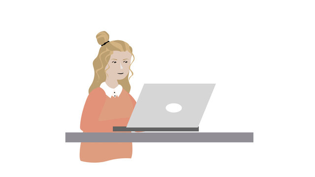 Business woman at the desk is working on the laptop computer illustration.