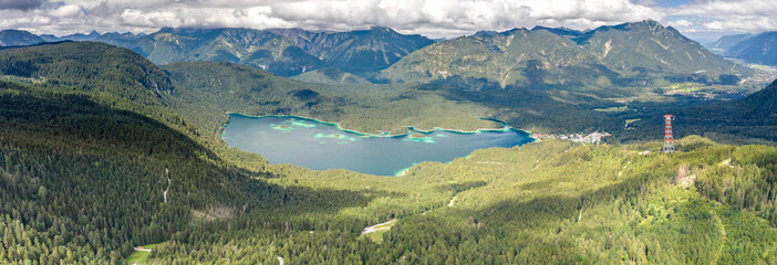 Aerial panorama view of Eibsee Lake at foot of Zugspitze in Germany