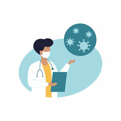 The doctor tells patients about the symptoms of the covid-19 coronavirus. Template for a phone app, website, or web page. The concept of health and medicine.
