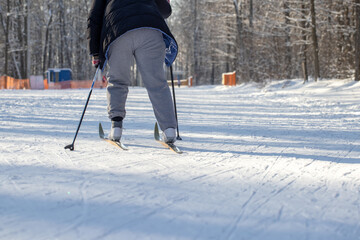 People skiing on a ski track in the forest on a sunny frosty day in winter. Winter sports. Active and healthy lifestyle. Sportsman on ski cross-country in mountain. Snow landscape.