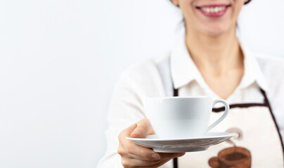 coffee time. A waiter holding and serving a glass of hot coffee, isolated in white background.

