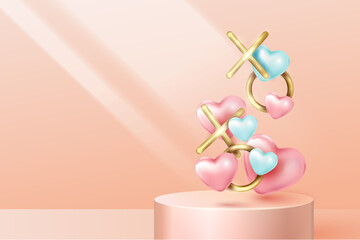 Happy Valentine's Day banner. Holiday background with faling pink and blue hearts, gold realistic XO and pedestal. Crealive Valentine day card.