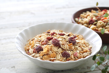 お皿に盛った色々な種類のシリアルやグラノーラ