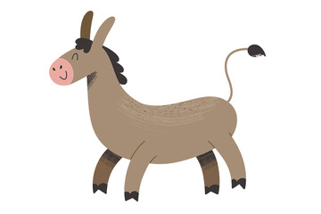 Cute doodle donkey illustration, farm animal with happy face expression, illutrated mascot, vector clipart isolated