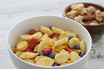 お皿に盛った色々な種類のシリアルやグラノーラ