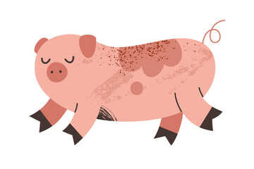 Cute pink pig with dirt spots goat illustration, farm animal drawing, vector clipart isolated