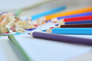 カラフルな色鉛筆と鉛筆削りカスの様子