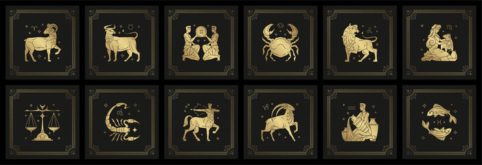 Zodiac astrology horoscope signs linocut silhouettes design vector illustrations set