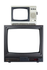 Two old vintage TVs with a white screen for adding videos and photos isolated on a white background.
