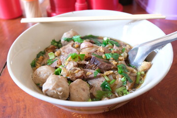 Thai style noodle blood soup. close up or selective focus