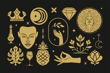 Esoteric magic and witch vector design elements set with female hands gestures.