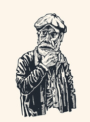 Fototapeta na wymiar A gray-haired, bearded man in a stylish cap. Sketch style. Vector illustration 