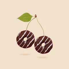 Köstlich. Alternativ fröhlich wie Donut mit Glasur. Exemplar. Modernes Design. Zeitgenössische Kunst. Kreativer konzeptioneller und farbenfroher Collagen-Surrealismus-Stil. Warmer brauner Hintergrund. Süßigkeiten, Essen, Geschmack. © master1305