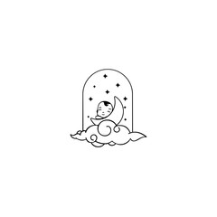 Vector illustration of a baby sleeping on the moon. White background.