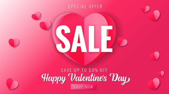 Happy Valentines Day sale pink banner with paper heart. Valentine's Day special offer card save up 50% off with cute rose color origami hearts on pink background. Vector illustration