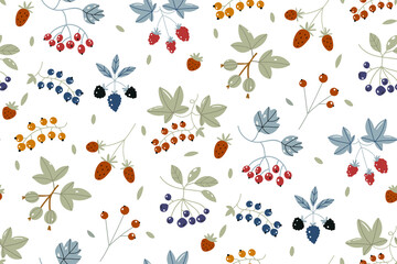 Berries Background. Strawberries, Blueberry, Raspberries, and Blackberry. Wild berry seamless pattern drawing. Hand drawn vector background. Summer fruit set. Food for menu, label, banner