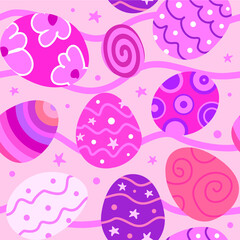 Abstract easter eggs seamless pattern in pink tints on a wavy background. Vector.