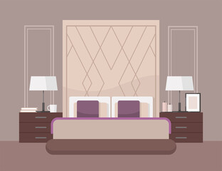Luxurious bedroom in a classic style, large bed with a headboard, bedside table, lamp. Hotel room suite. Furniture store advertisement. Interior design in art deco style. Housewarming card