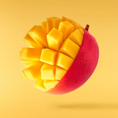 Fresh ripe mango falling in the air