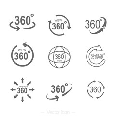 360 degrees rotating virtual reality set icons. VR view icon. Isolated vector illustration.
