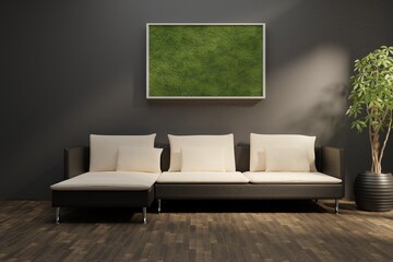 Modern eco-style interior with a vertical poster, backlit moss and wooden floor. Front view. 3d rendering